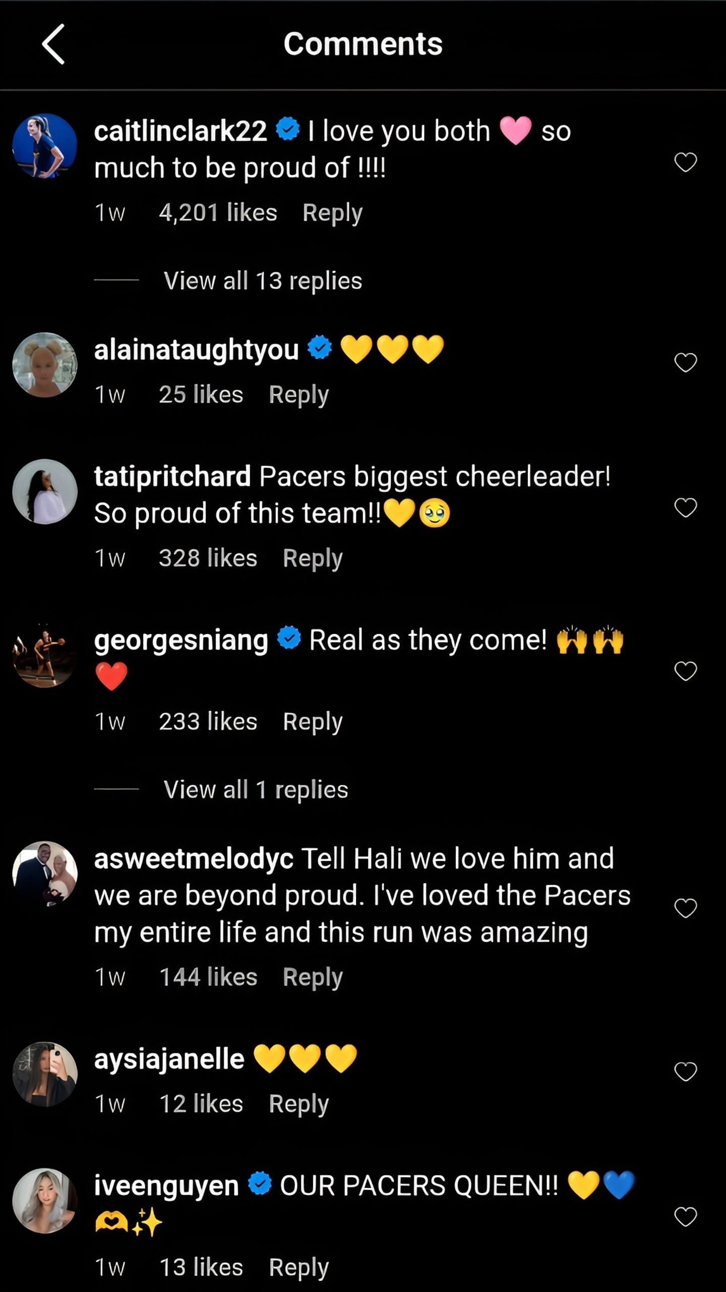 Comments on Jade Jones' post dedicated to boyfriend Tyrese Haliburton